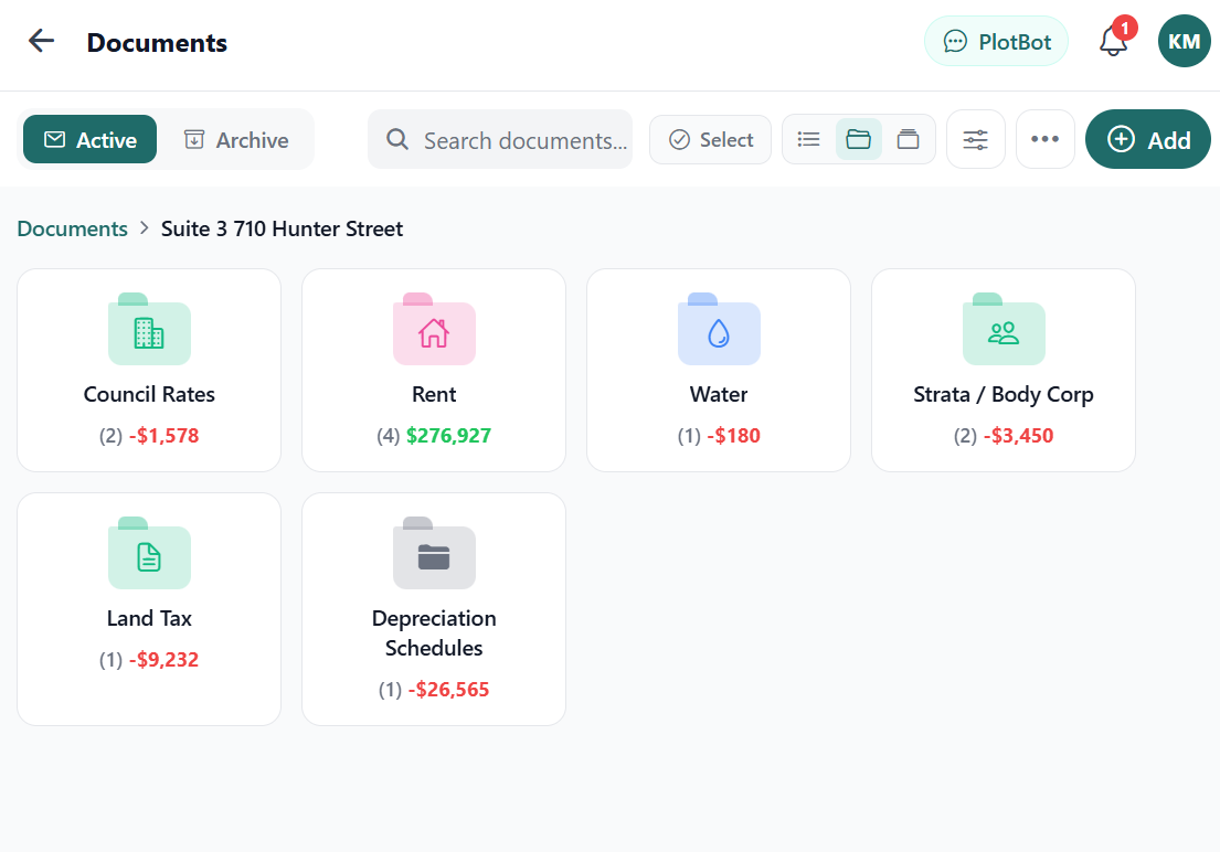 PlotBot Document Organisation screen