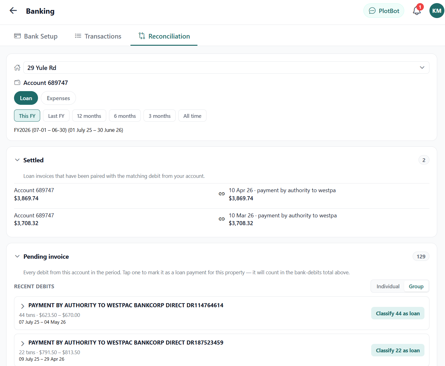 PlotBot Banking screen