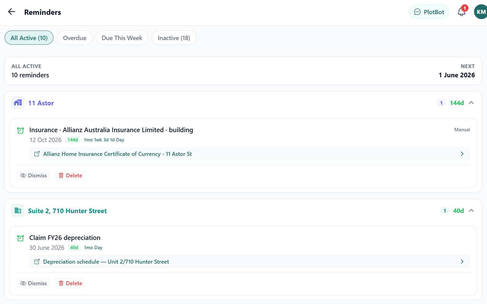 PlotBot Reminders screen