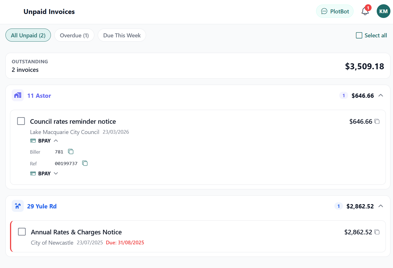 PlotBot Unpaid Invoices screen